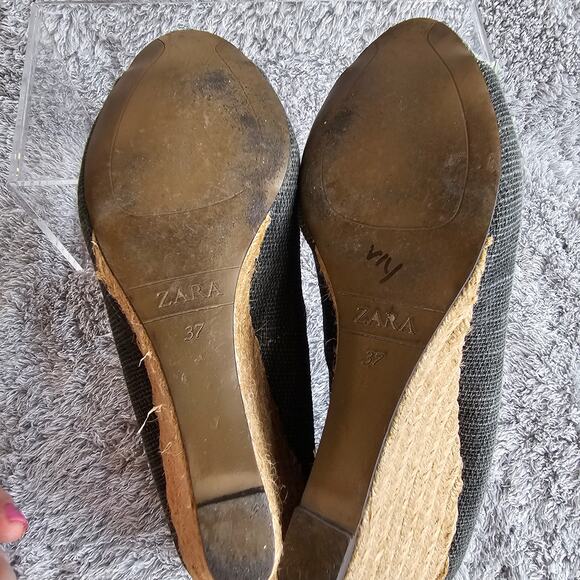 Zara Women's Peep‎ Toe Pom Pom Slip On Pump Wedge Espadrille Sandals 37 Sz 6.5 - Picture 5 of 6
